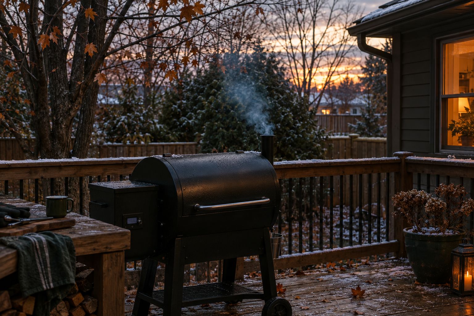 A pellet smoker on a snowy back deck at dusk